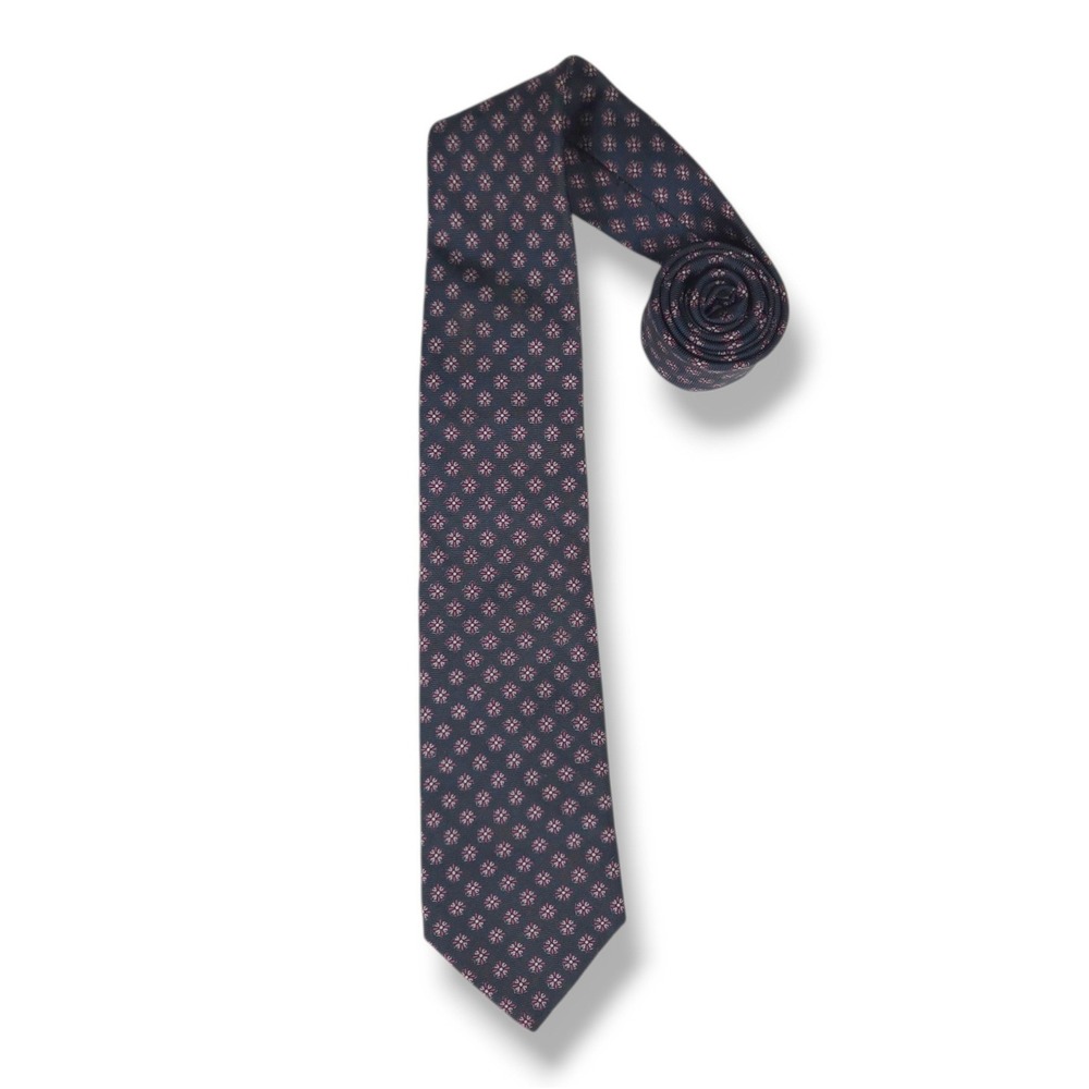 Givenchy Monsieur Silk Necktie Floral Medallion Navy Pink Italian Vintage OS